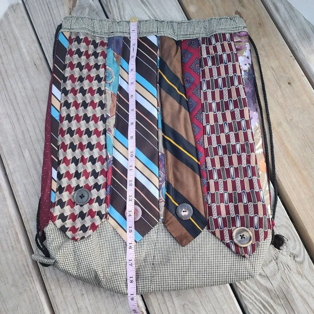 Handmade Necktie Drawstring Patchwork Tote Shoulder Carry All Bag Backpack GC